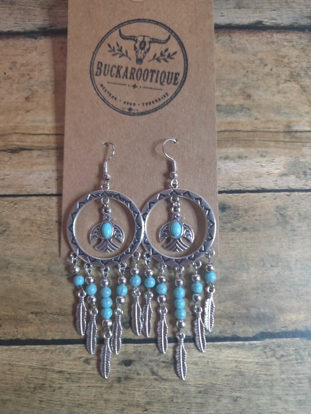 Thunderbird Dreamcatcher Earrings Turquoise Fringe Western Rodeo Dangles